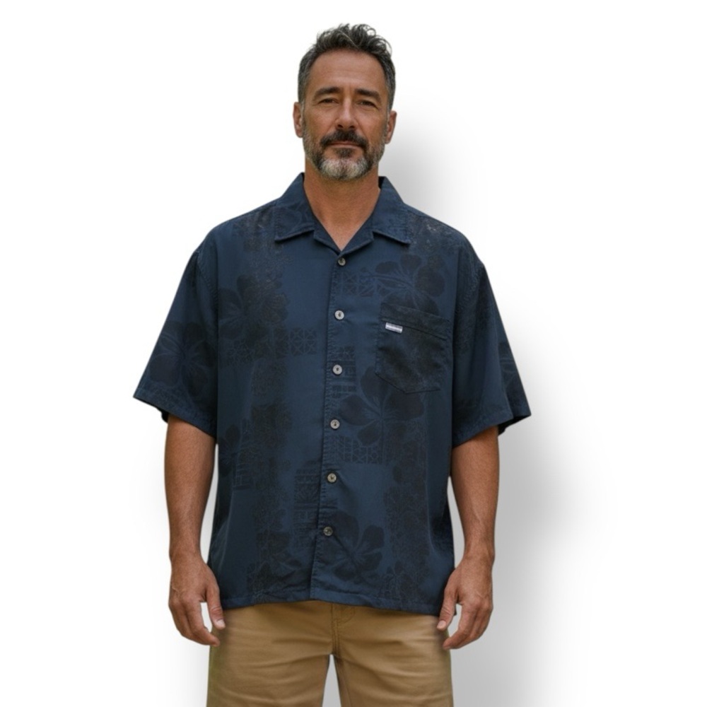 QuikSilver Mens Button Down Phantom Floral Hawaiian Shirt VTG 90s Surfer Navy L